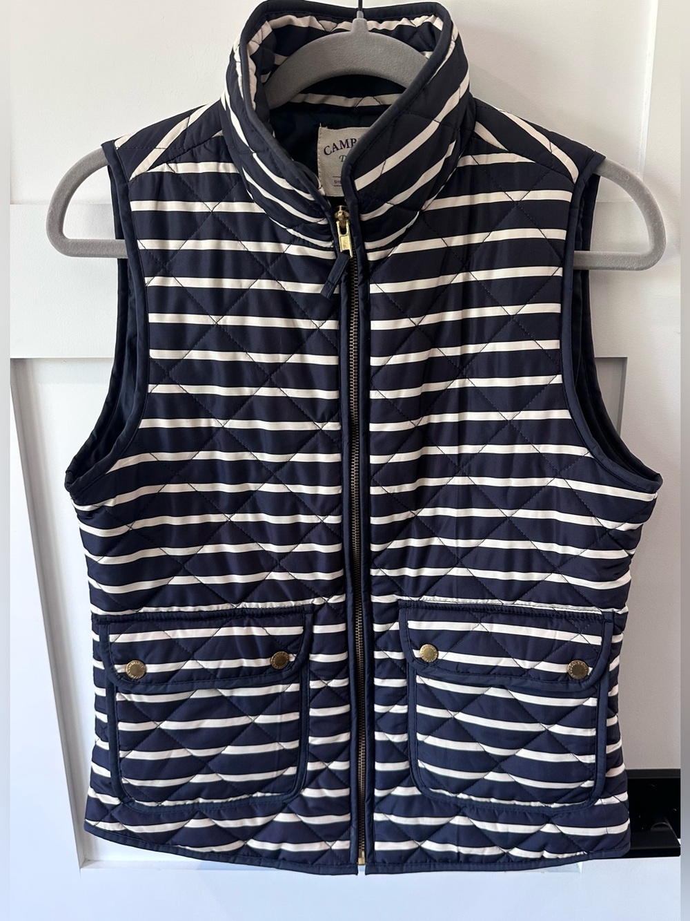 Cambridge Dry Goods Navy and Cream Stripe quilted puffer vest Small